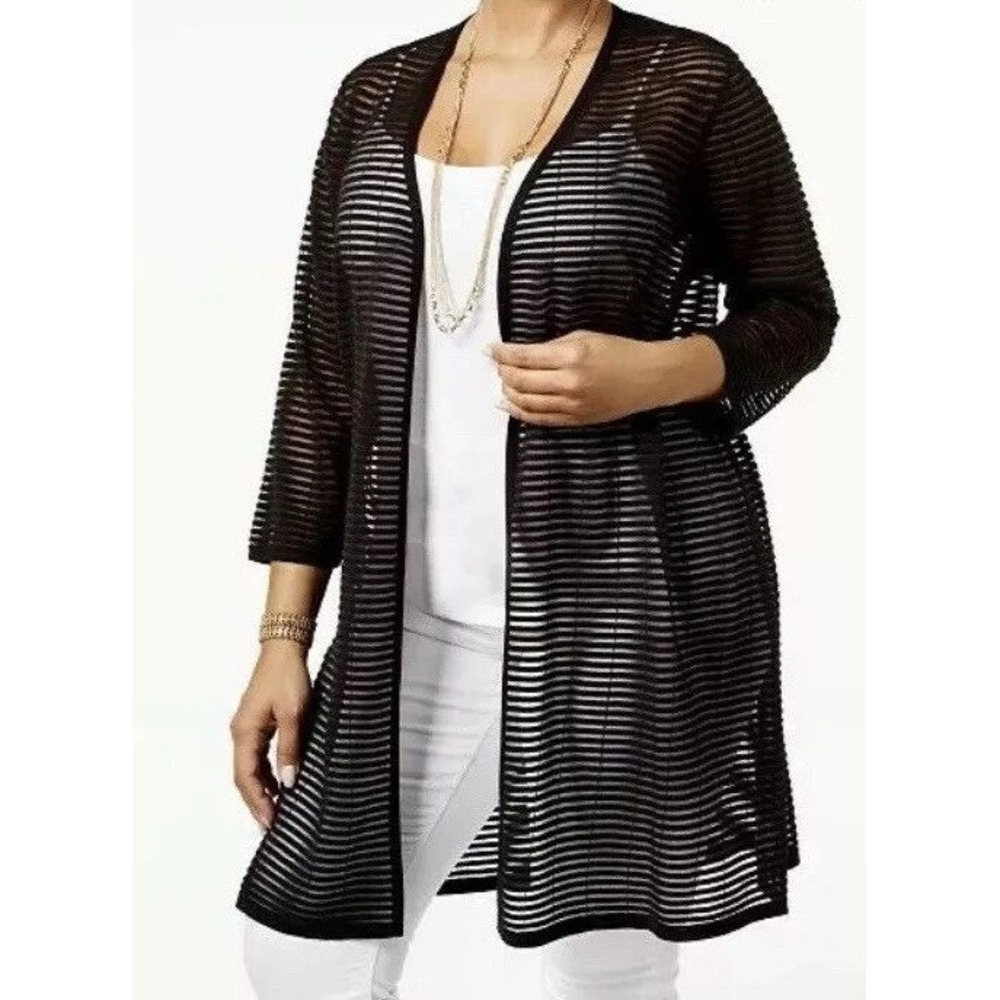 CHICOS Women's Black Semi‎ Sheer Open Cardigan Lightweight 3/4 Sleeve sz Small 0